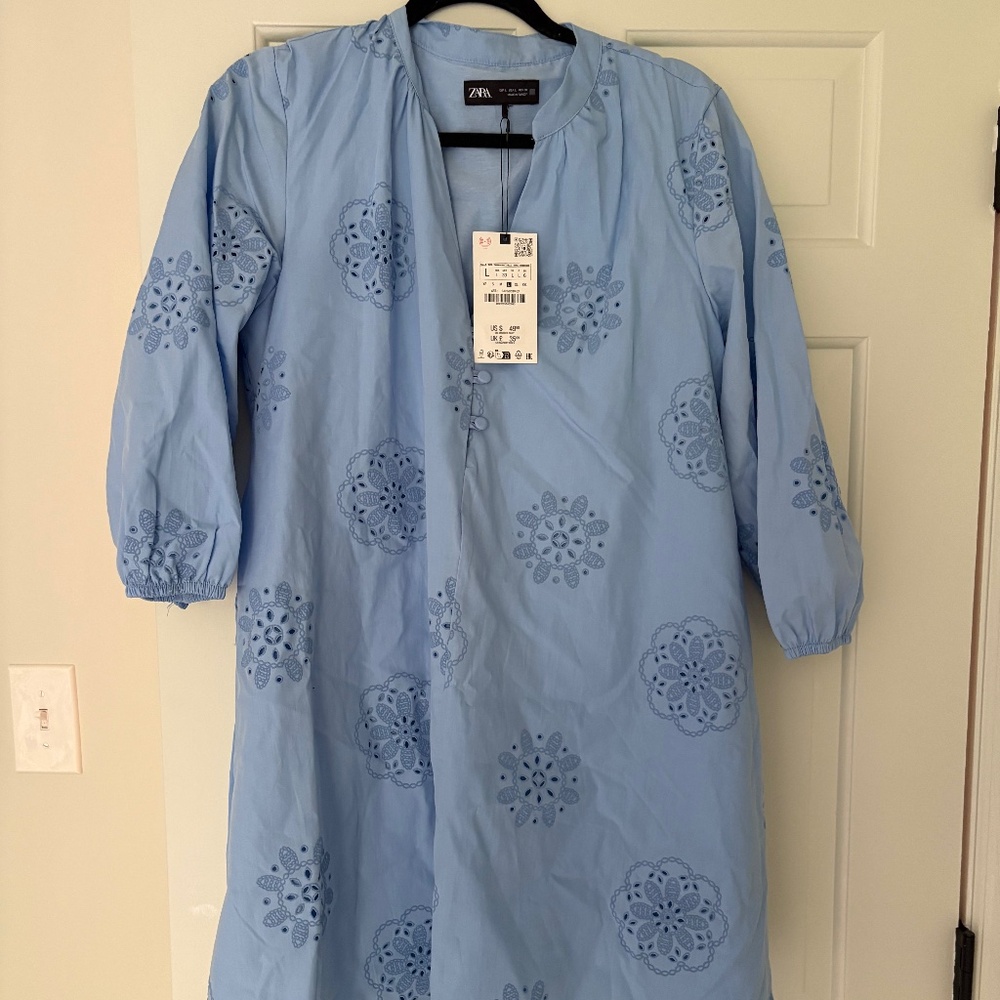 Zara EMBROIDERED POPLIN DRESS SKY BLUE